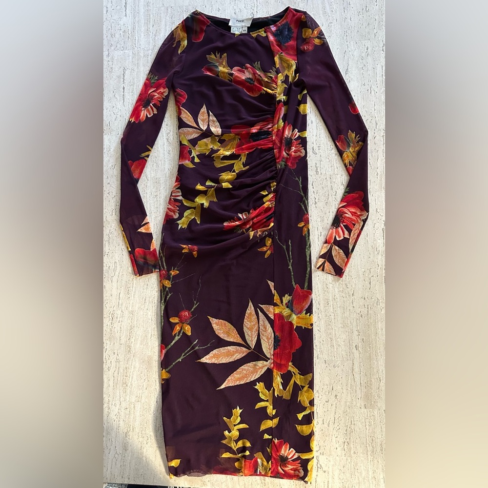 Fuzzi Abito Mesh Long Sleeve Ruched Midi Dress, Size XS - Picture 10 of 16